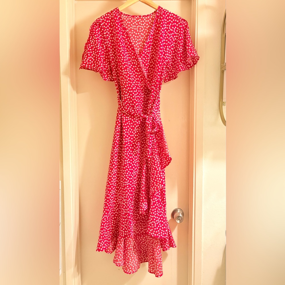 NWOT SHEIN Pink Polka Dot Wrap Midi Dress